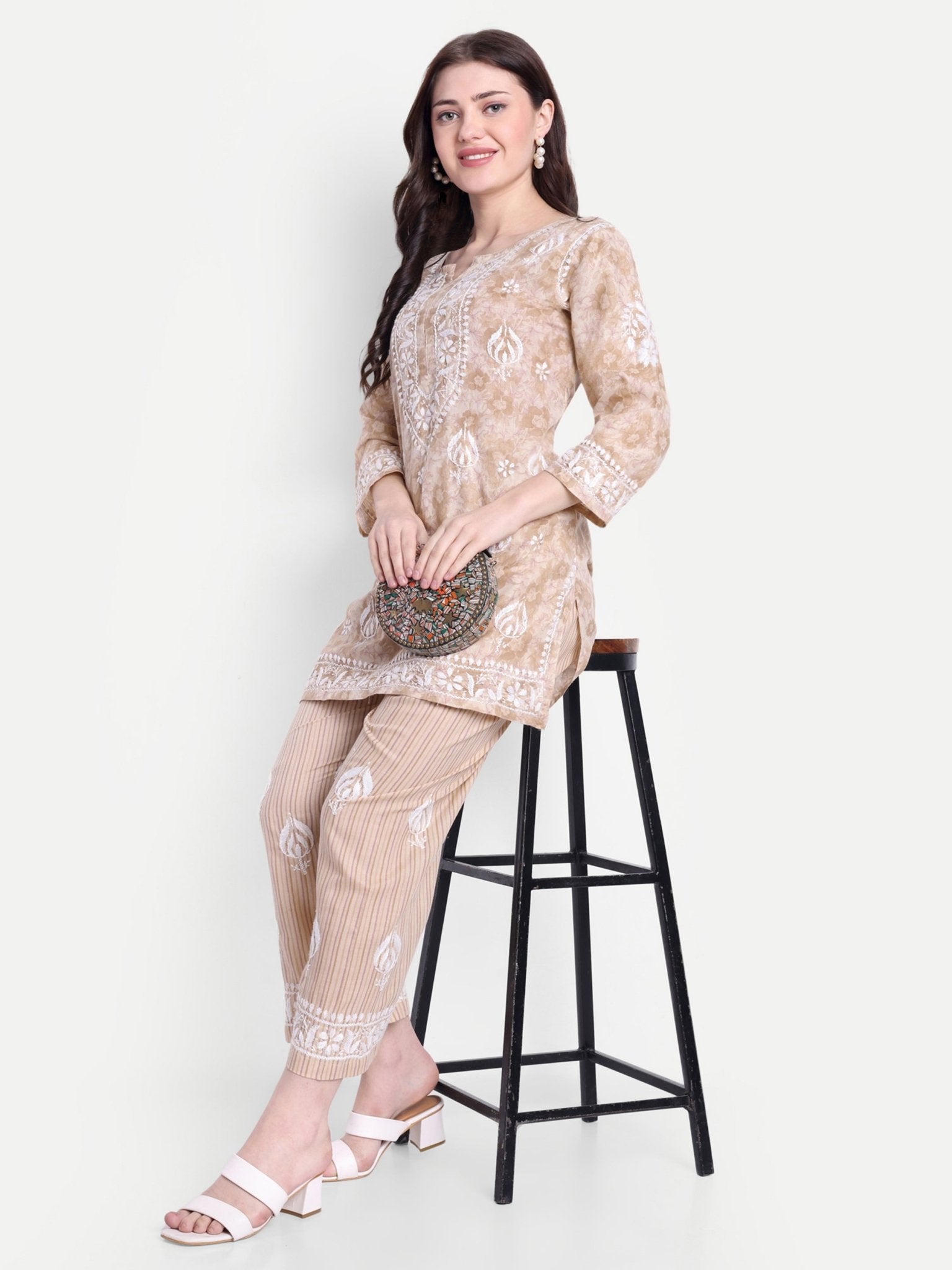 Lucknow Chikankari Hand Embroidered Co-Ord Set Cotton Blend
