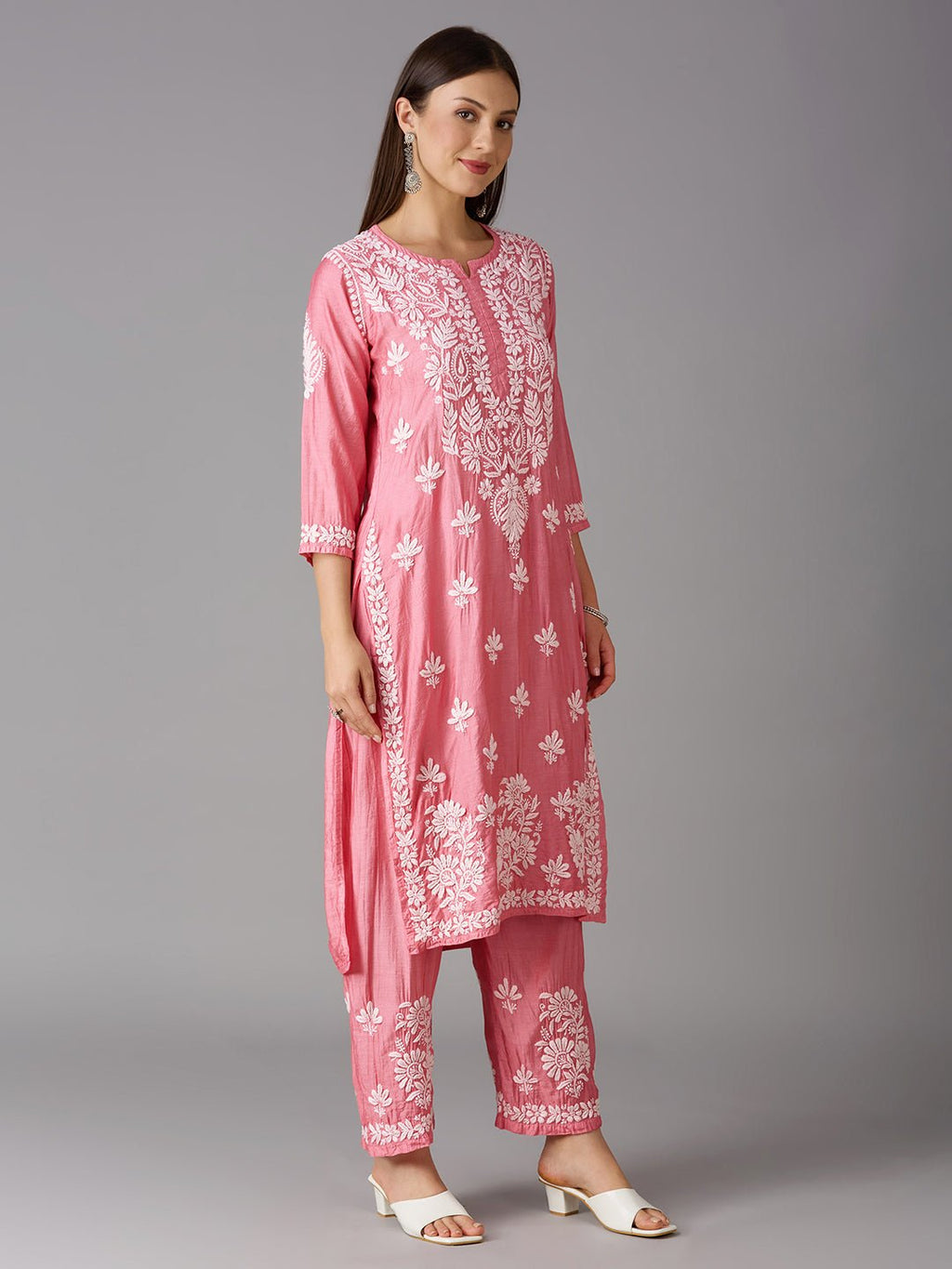Lucknow Chikankari Hand Embroidered Kurta and Palazzo Set Chanderi Silk