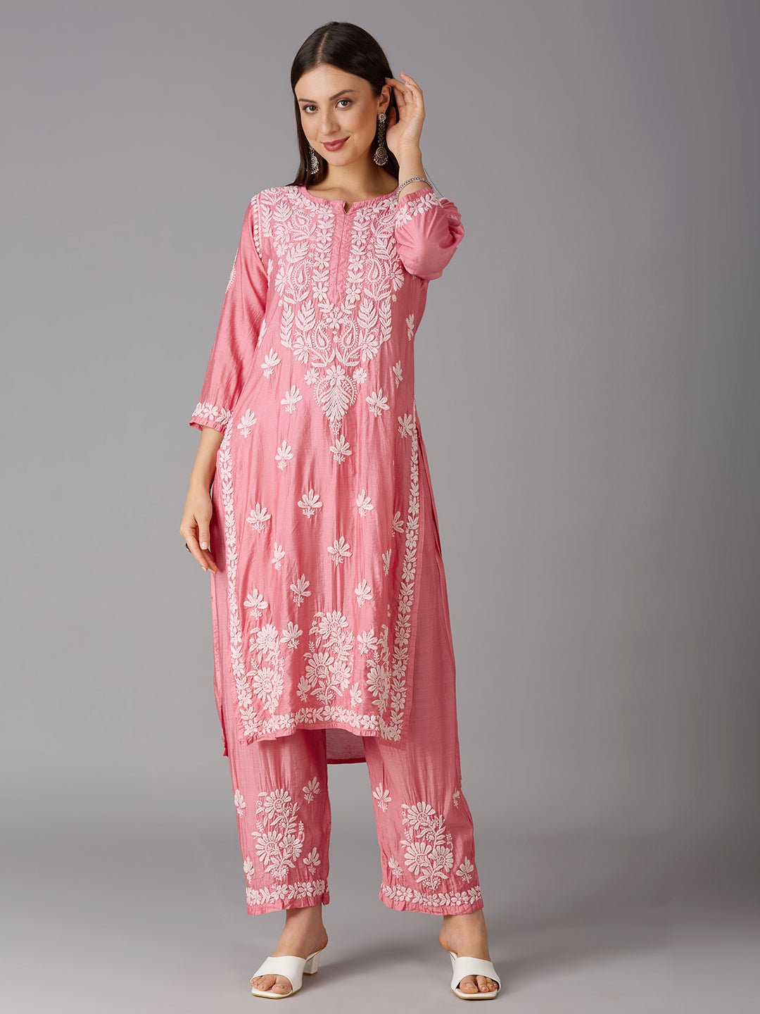 Lucknow Chikankari Hand Embroidered Kurta and Palazzo Set Chanderi Silk