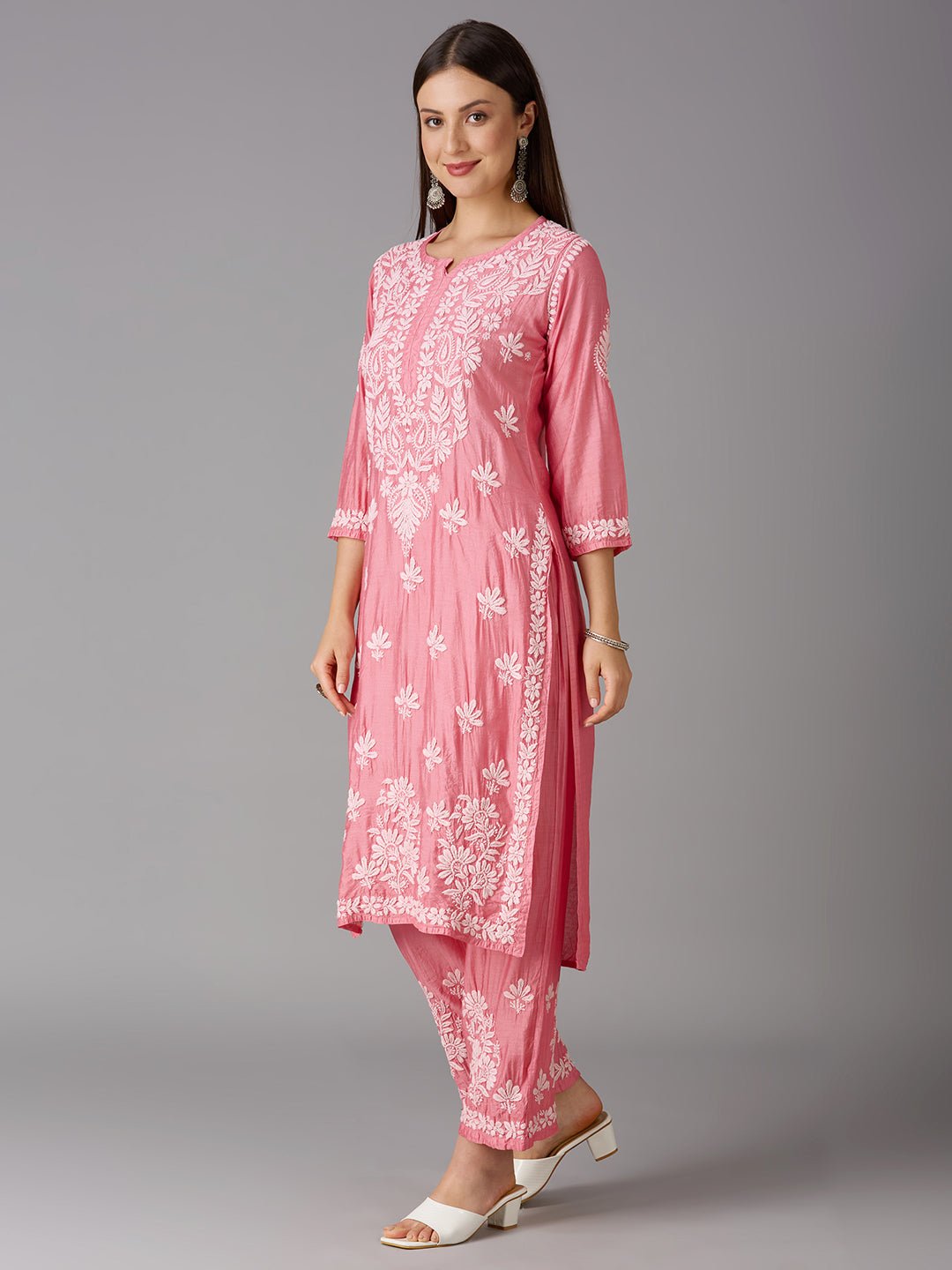 Lucknow Chikankari Hand Embroidered Kurta and Palazzo Set Chanderi Silk