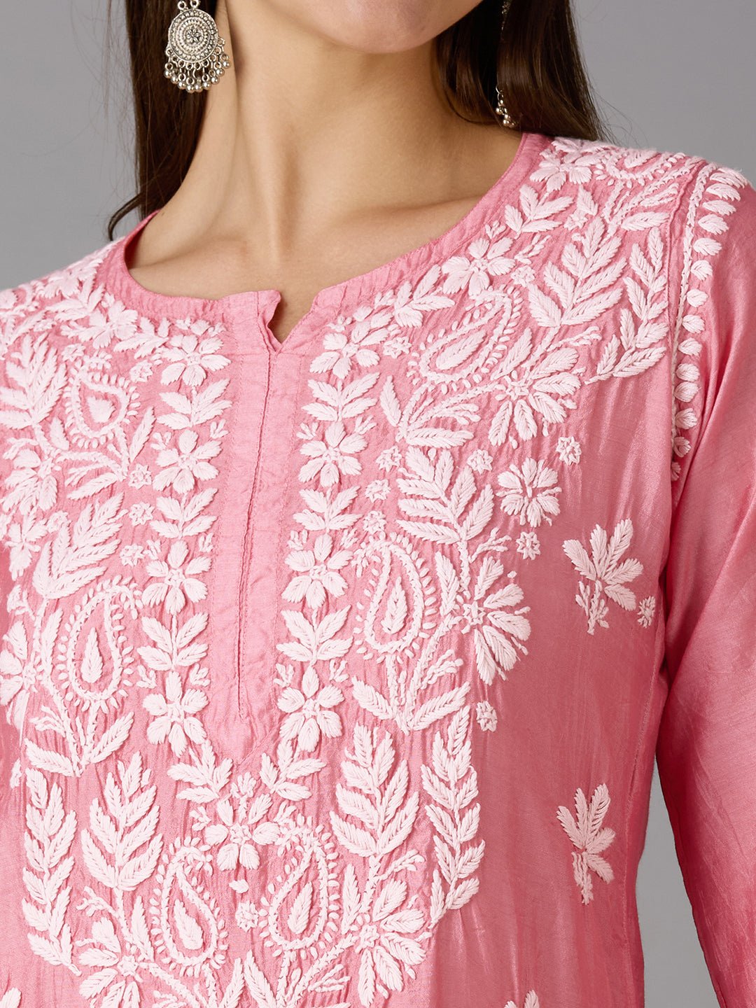 Lucknow Chikankari Hand Embroidered Kurta and Palazzo Set Chanderi Silk