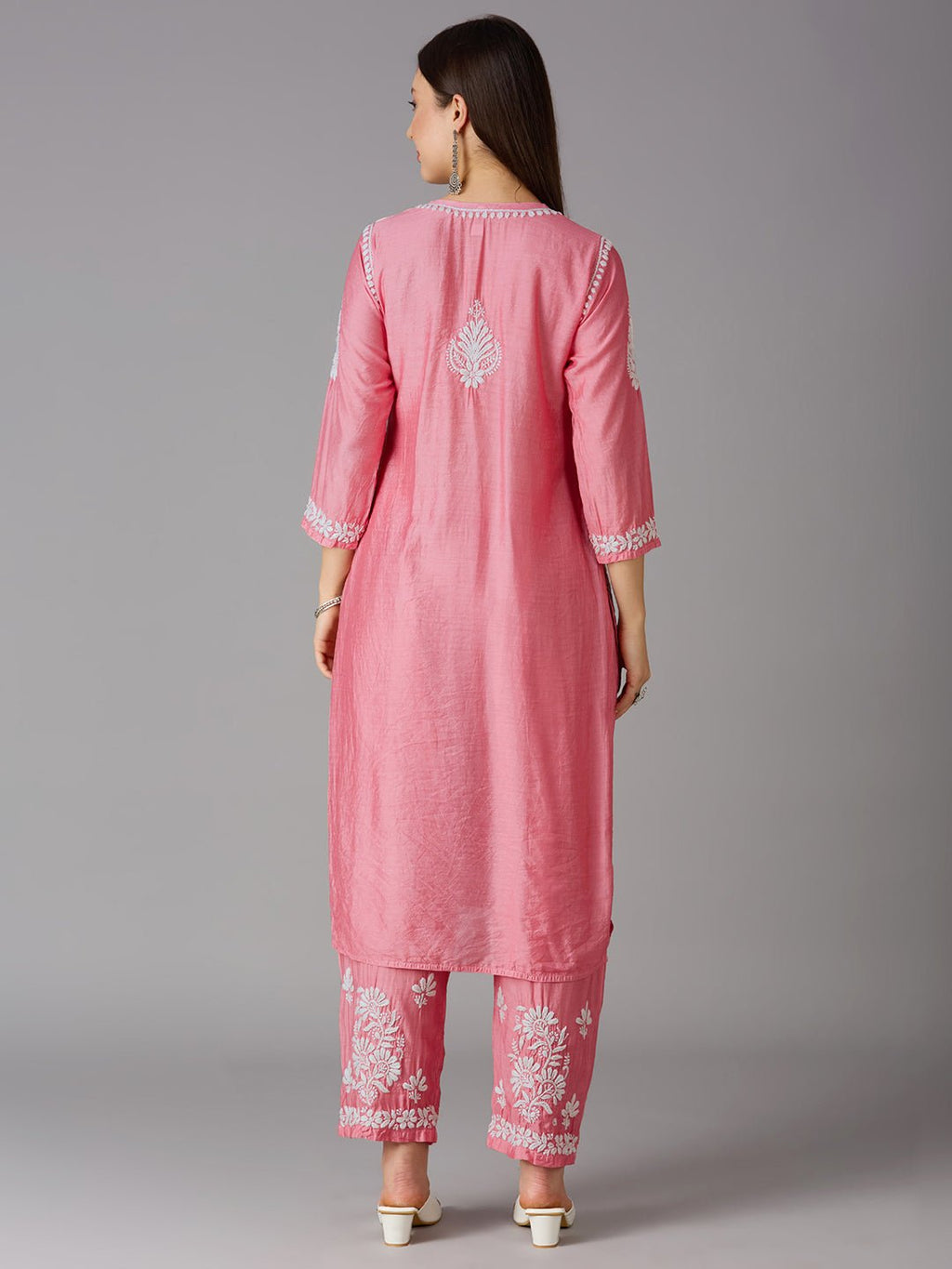 Lucknow Chikankari Hand Embroidered Kurta and Palazzo Set Chanderi Silk