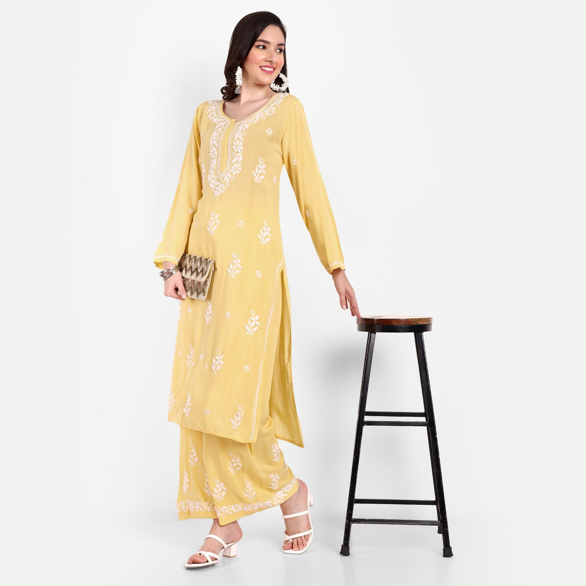 Lucknow Chikankari Hand Embroidered Kurta and Palazzo Set Modal Cotton