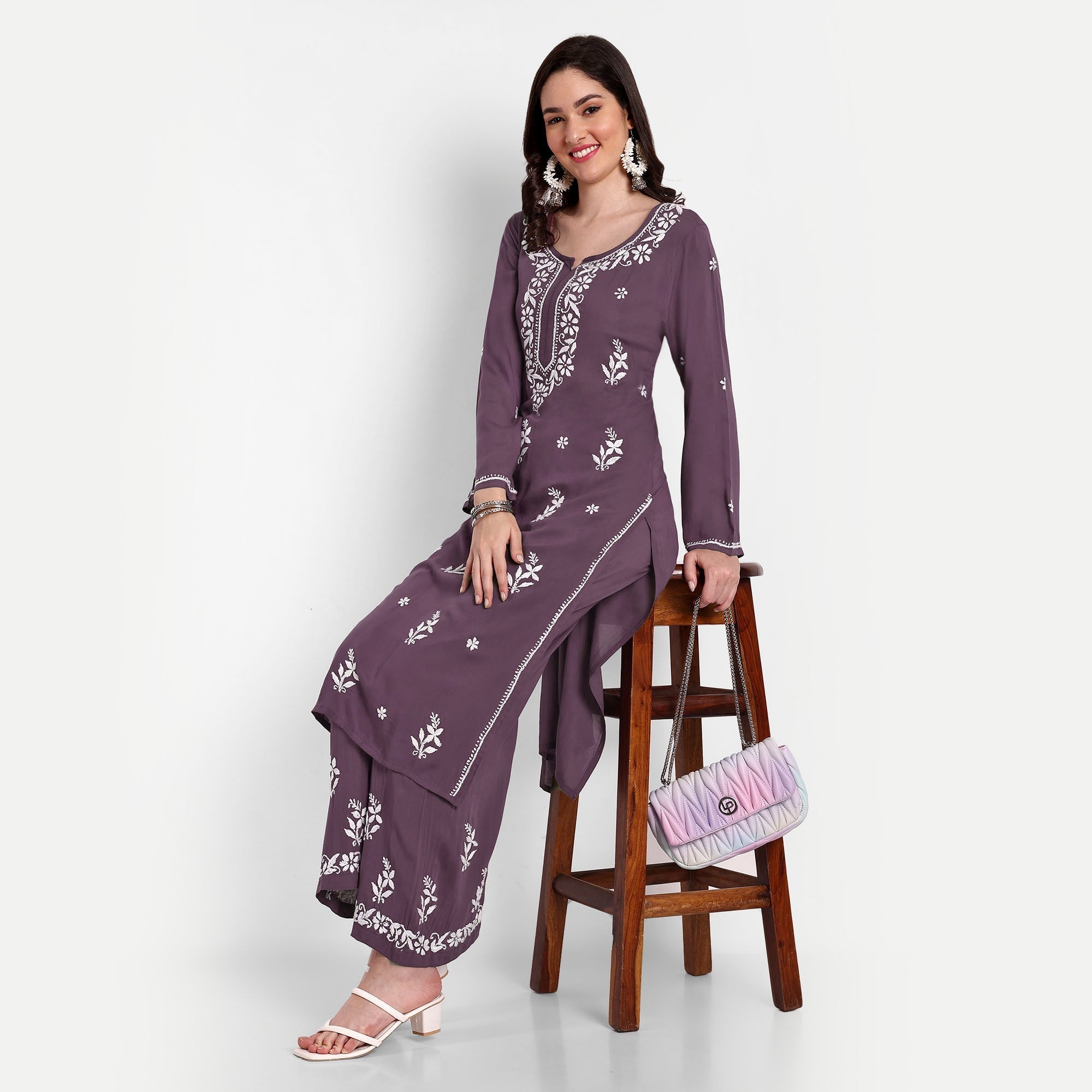 Lucknow Chikankari Hand Embroidered Kurta and Palazzo Set Modal Cotton