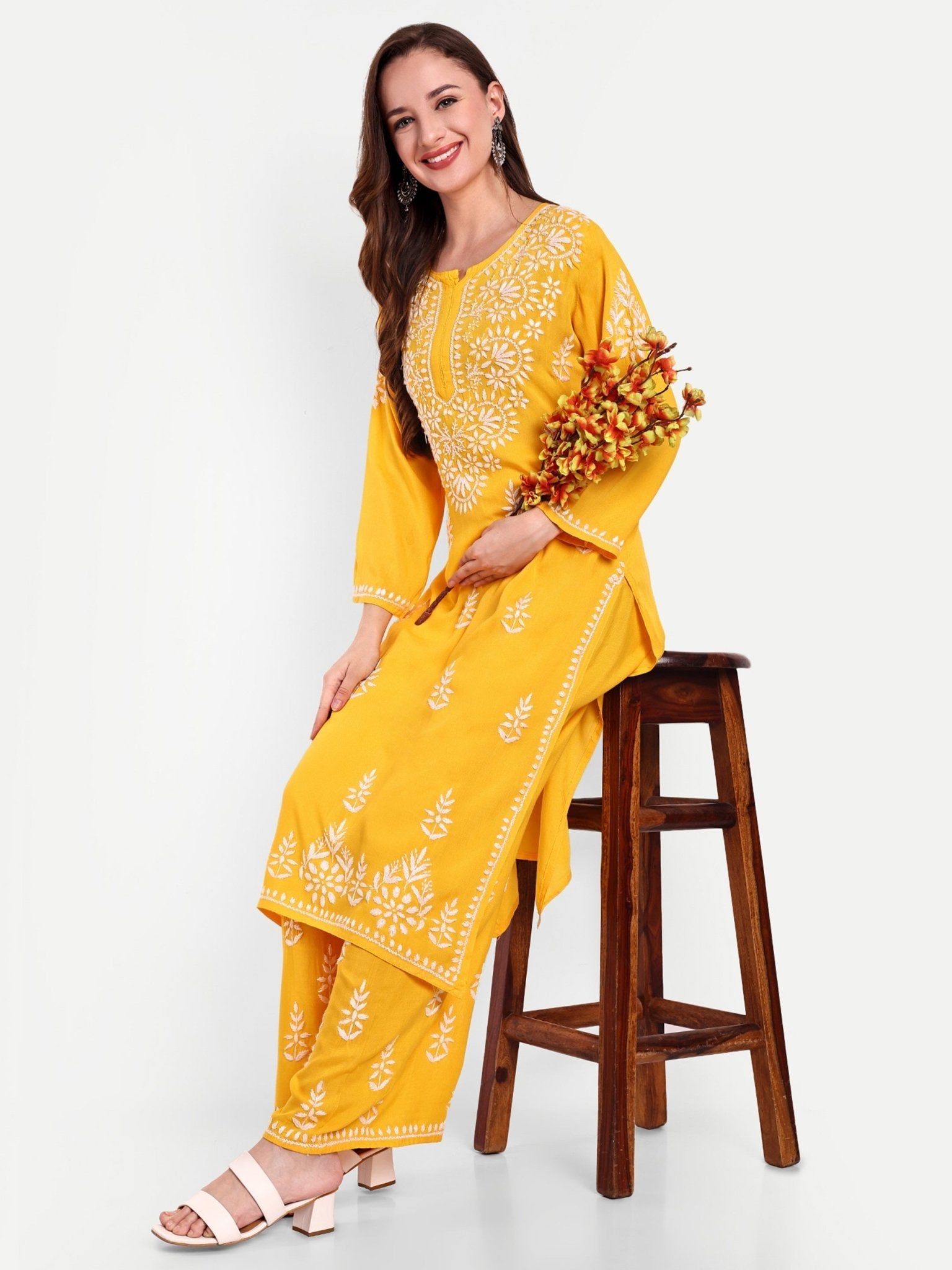 Lucknow Chikankari Hand Embroidered Kurta and Palazzo Set Rayon