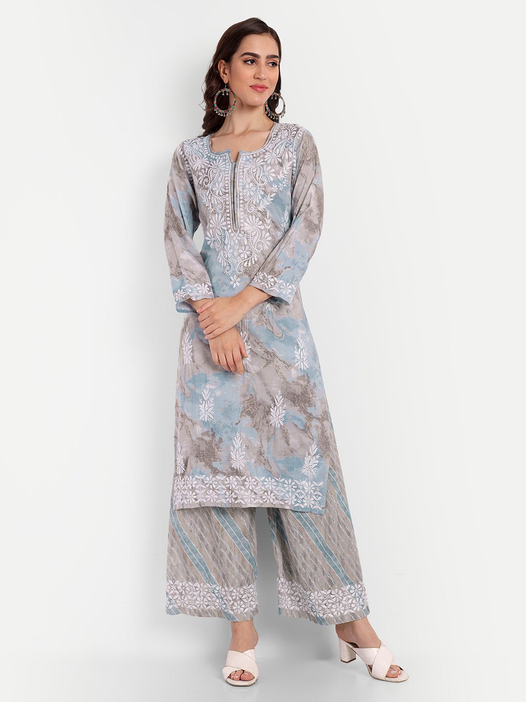 Lucknow Chikankari Hand Embroidered Kurta and Palazzo  Set Rayon Slub