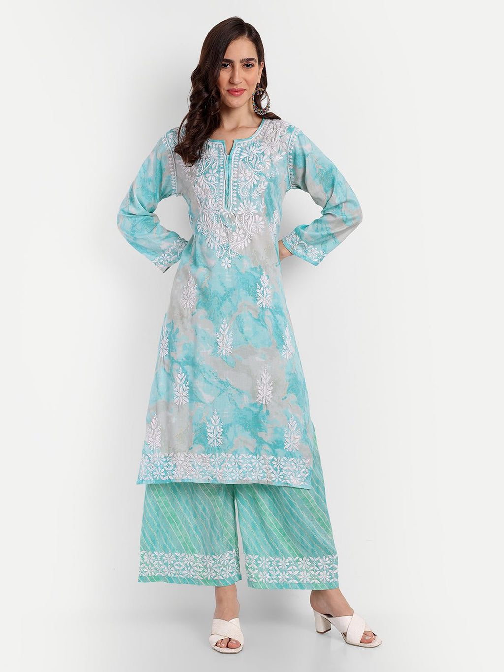 Lucknow Chikankari Hand Embroidered Kurta and Palazzo  Set Rayon Slub