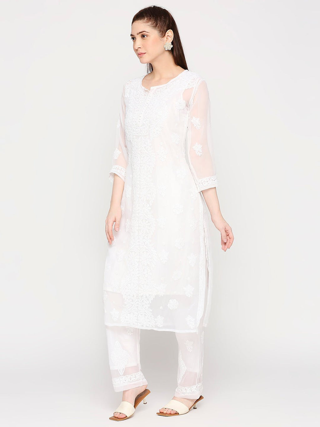Hand Embroidered Lucknow Chikankari Long Kurta Set and matching Slip