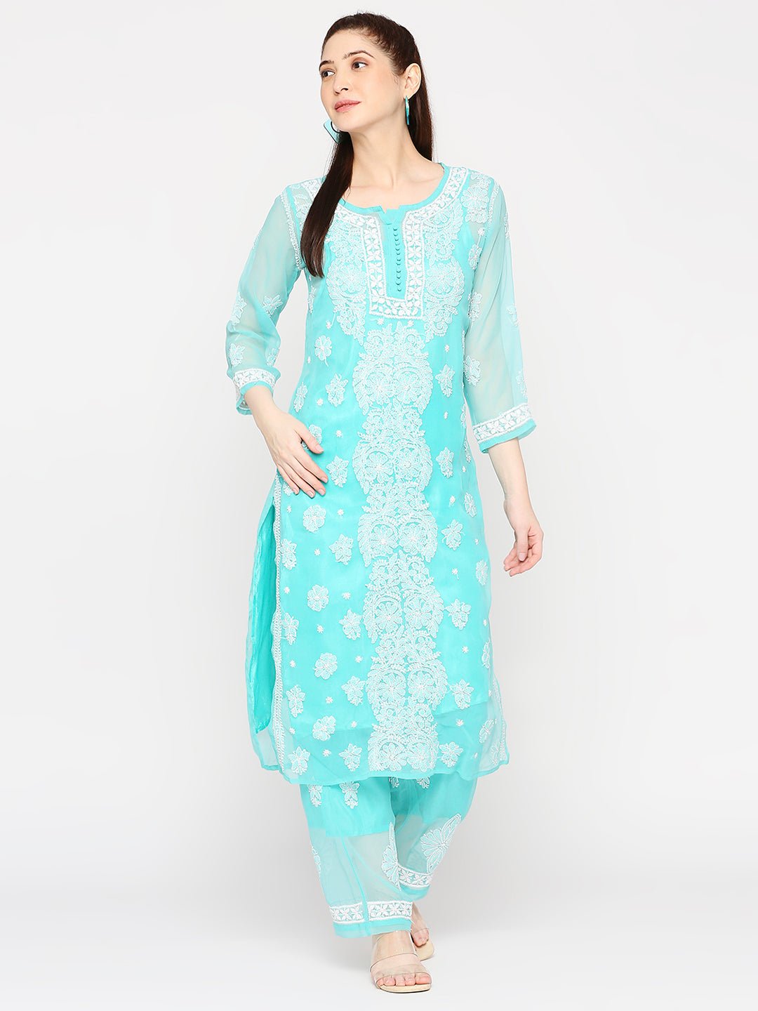 Lucknow Chikankari Hand Embroidered Long Kurta Set and matching Slip