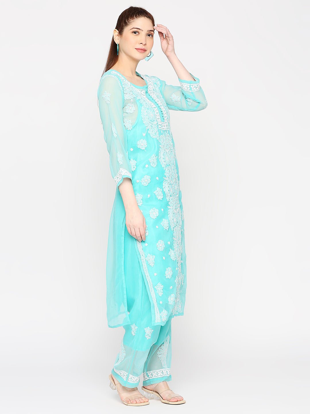 Lucknow Chikankari Hand Embroidered Long Kurta Set and matching Slip