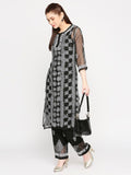 Lucknow Chikankari Hand Embroidered Long Kurta Set and matching slip Black