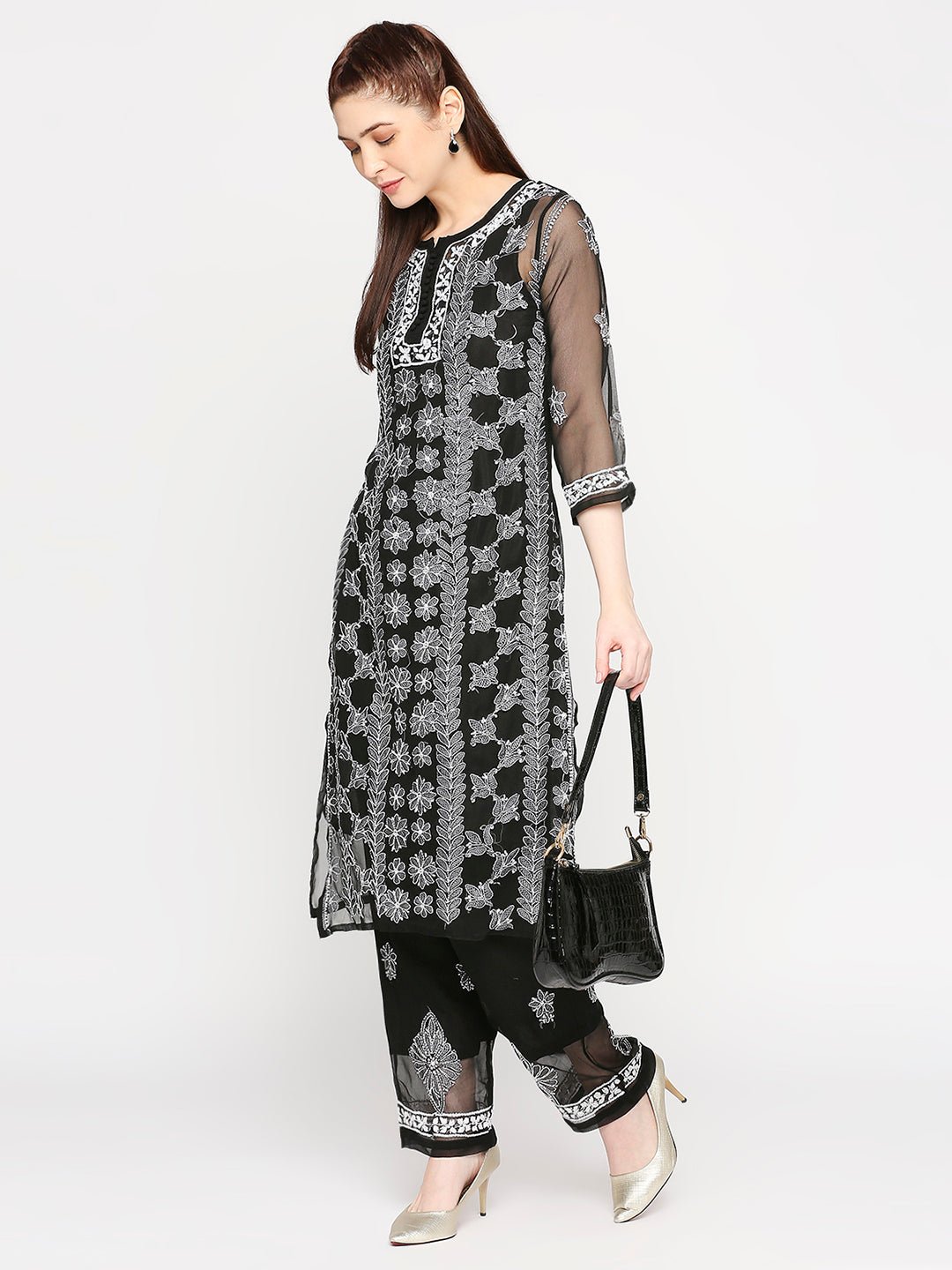 Lucknow Chikankari Hand Embroidered Long Kurta Set and matching slip Black