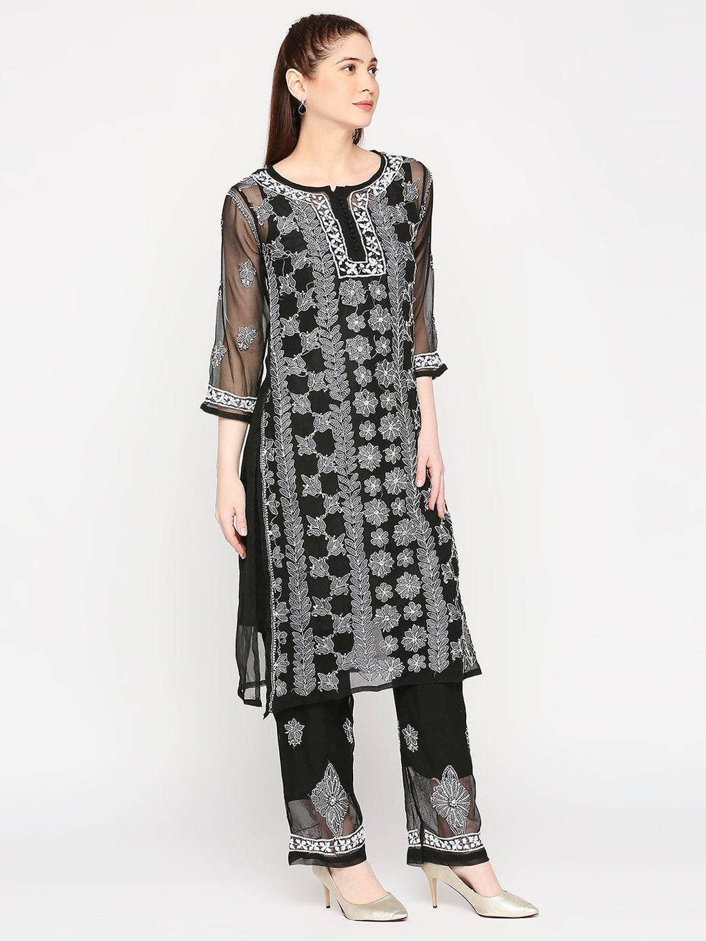 Lucknow Chikankari Hand Embroidered Long Kurta Set and matching slip Black