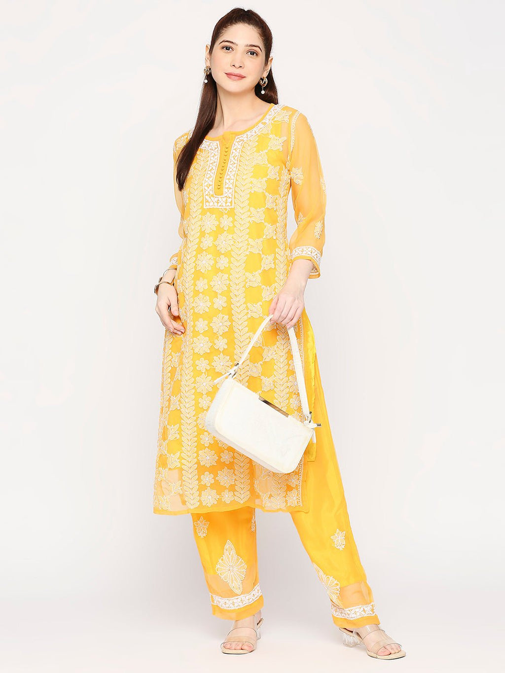 Lucknow Chikankari Hand Embroidered Long Kurta Set and matching slip Mustrad