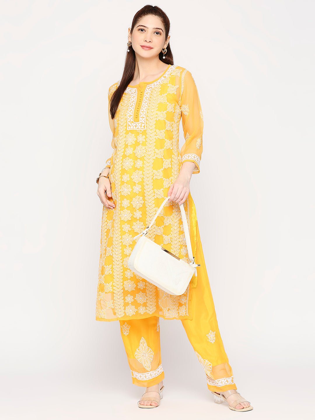 Lucknow Chikankari Hand Embroidered Long Kurta Set and matching slip Mustrad