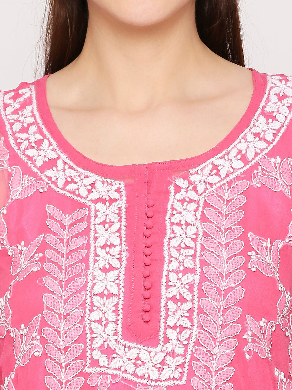 Lucknow Chikankari Hand Embroidered Long Kurta Set and matching slip Pink