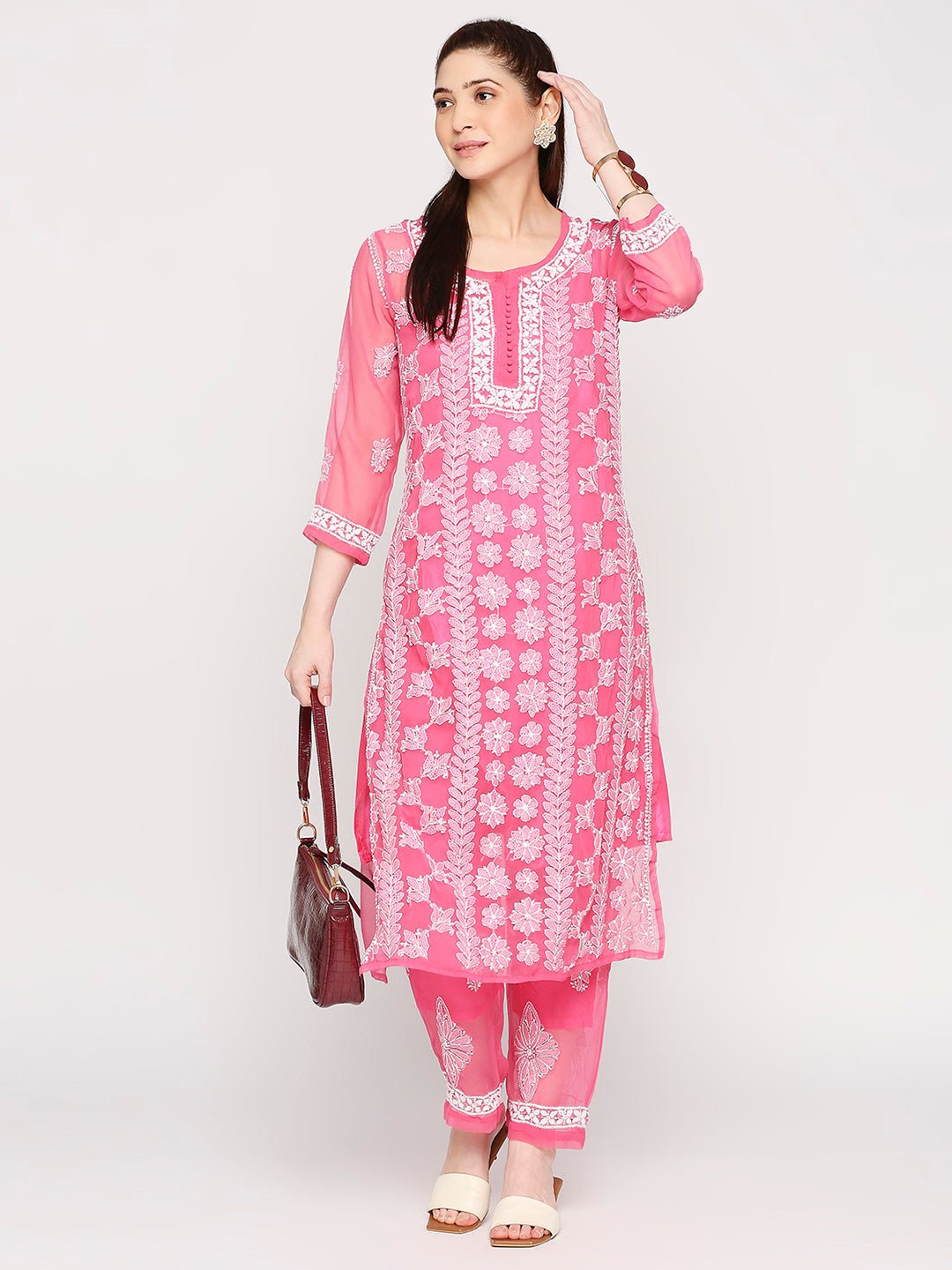 Lucknow Chikankari Hand Embroidered Long Kurta Set and matching slip Pink