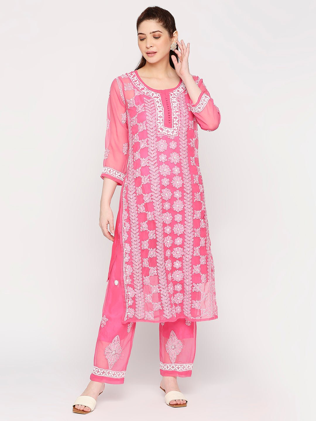 Lucknow Chikankari Hand Embroidered Long Kurta Set and matching slip Pink