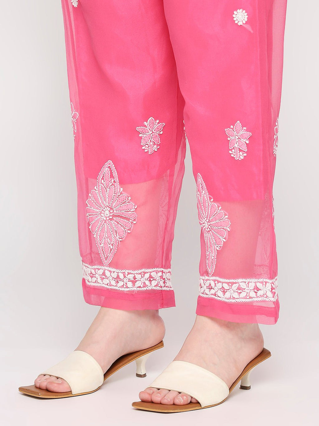 Lucknow Chikankari Hand Embroidered Long Kurta Set and matching slip Pink