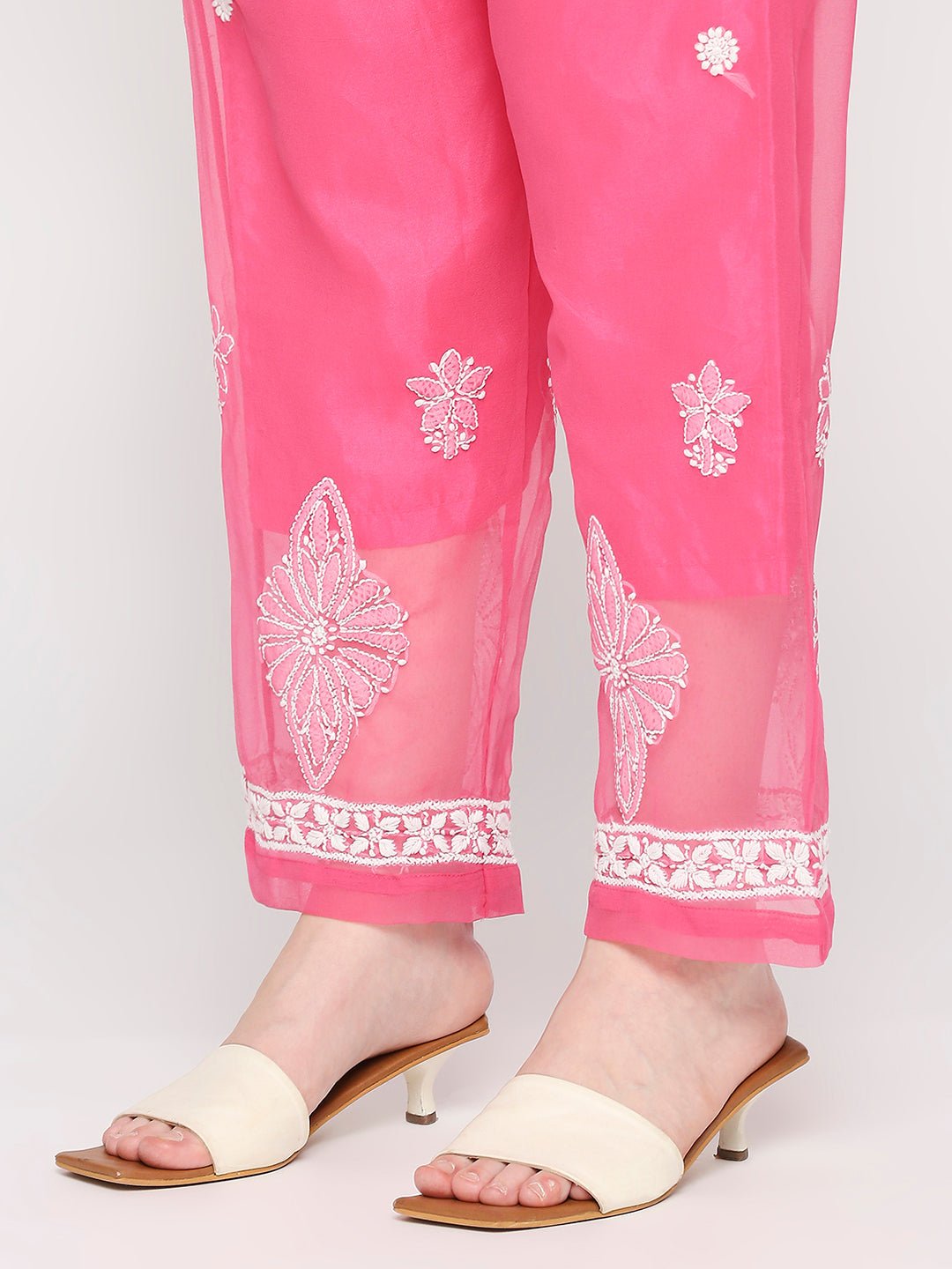 Lucknow Chikankari Hand Embroidered Long Kurta Set and matching slip Pink