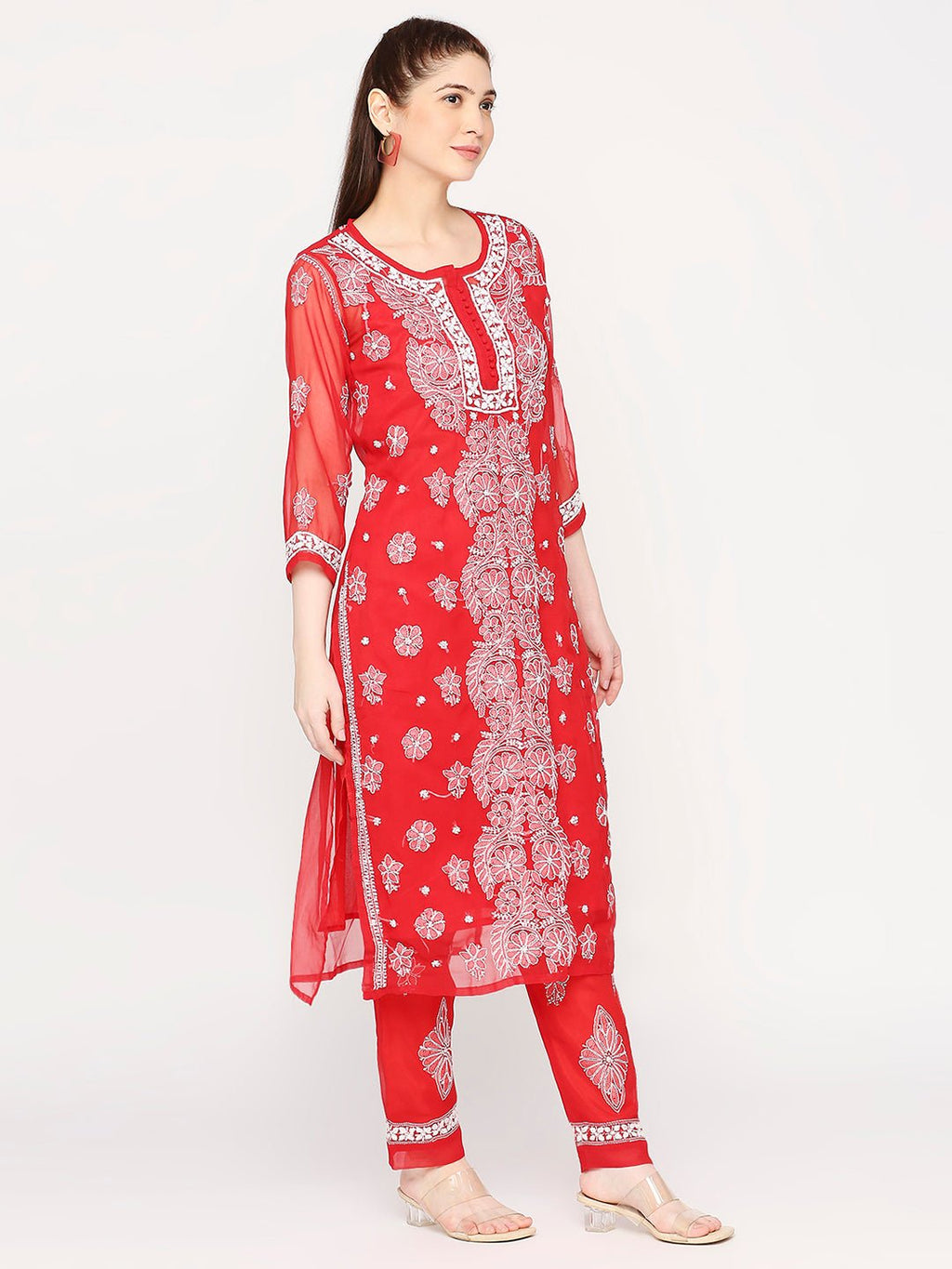 Lucknow Chikankari Hand Embroidered Long Kurta Set and matching slip RED