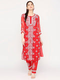 Lucknow Chikankari Hand Embroidered Long Kurta Set and matching slip RED