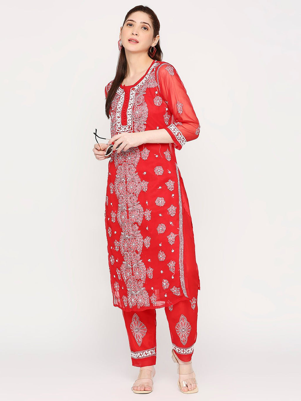 Lucknow Chikankari Hand Embroidered Long Kurta Set and matching slip RED