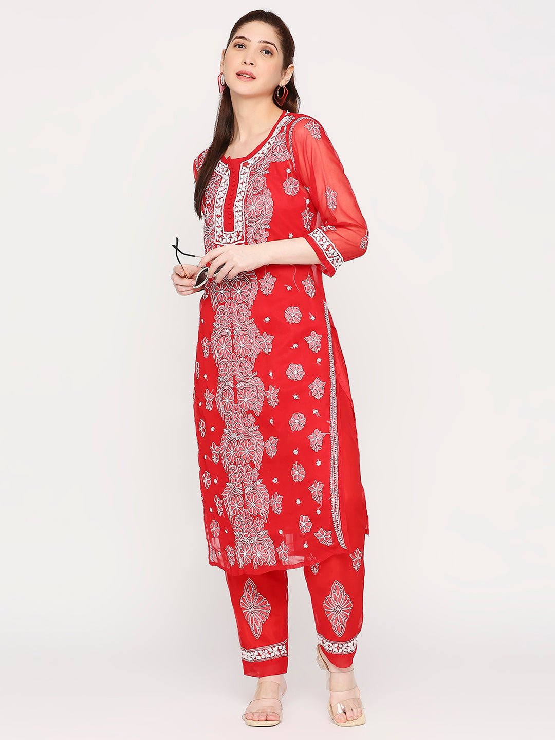 Lucknow Chikankari Hand Embroidered Long Kurta Set and matching slip RED