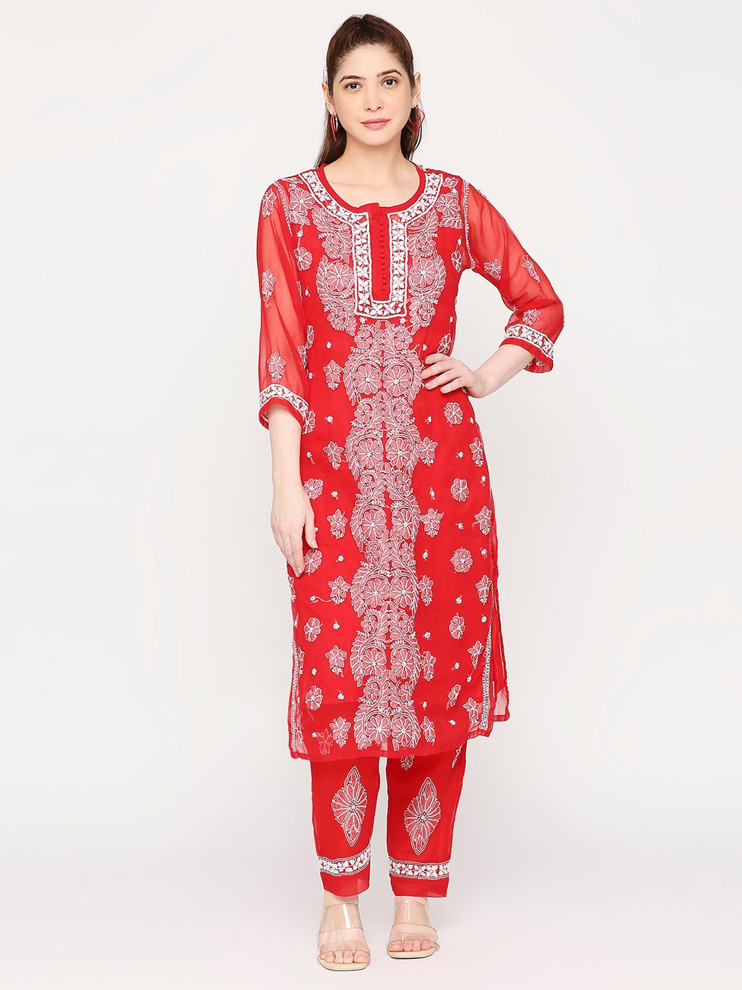Lucknow Chikankari Hand Embroidered Long Kurta Set and matching slip RED