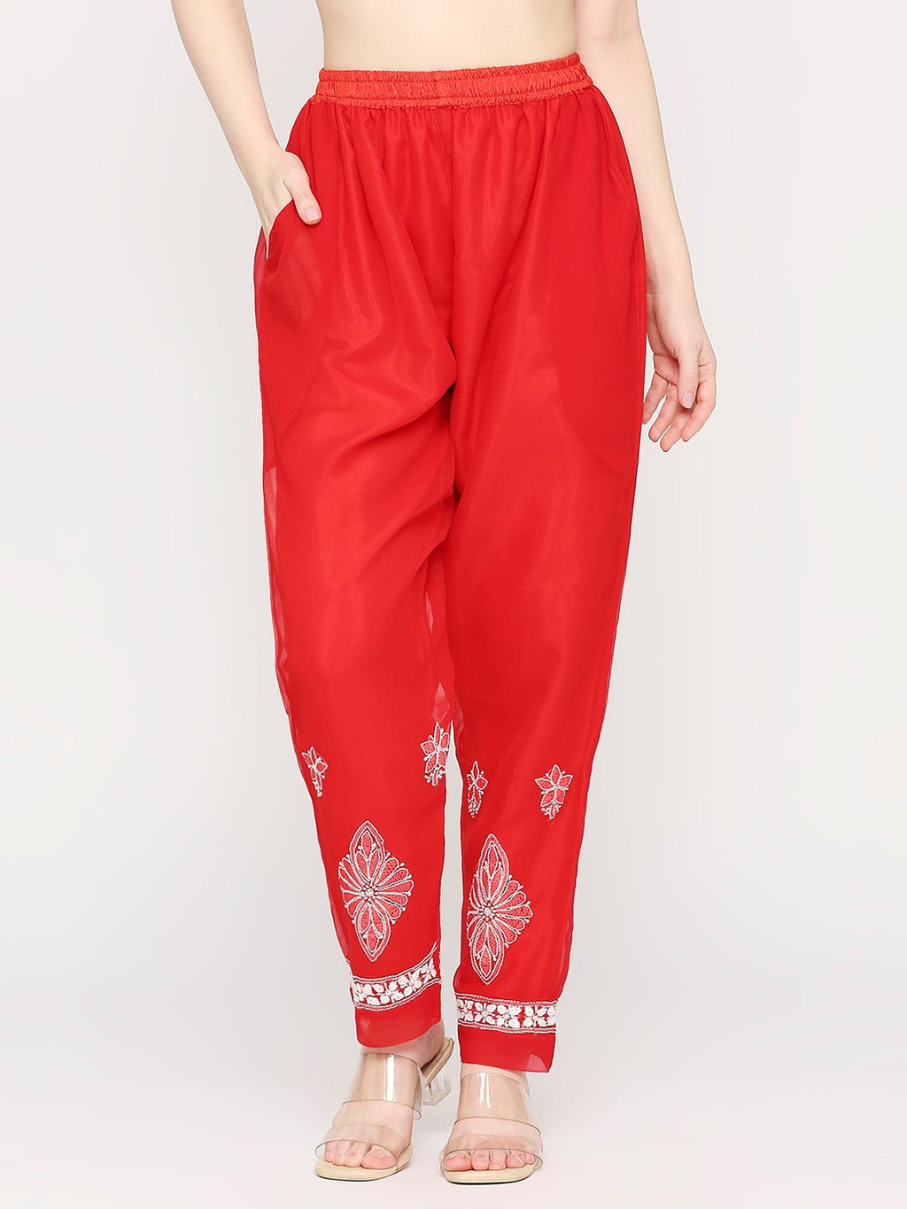 Lucknow Chikankari Hand Embroidered Long Kurta Set and matching slip RED