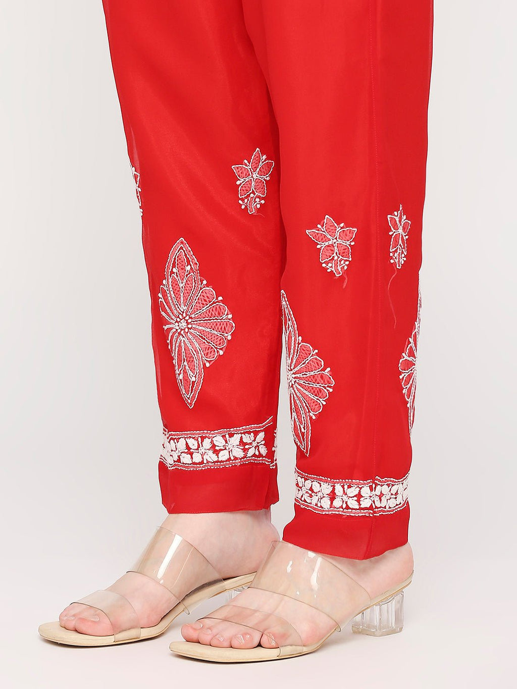 Lucknow Chikankari Hand Embroidered Long Kurta Set and matching slip RED