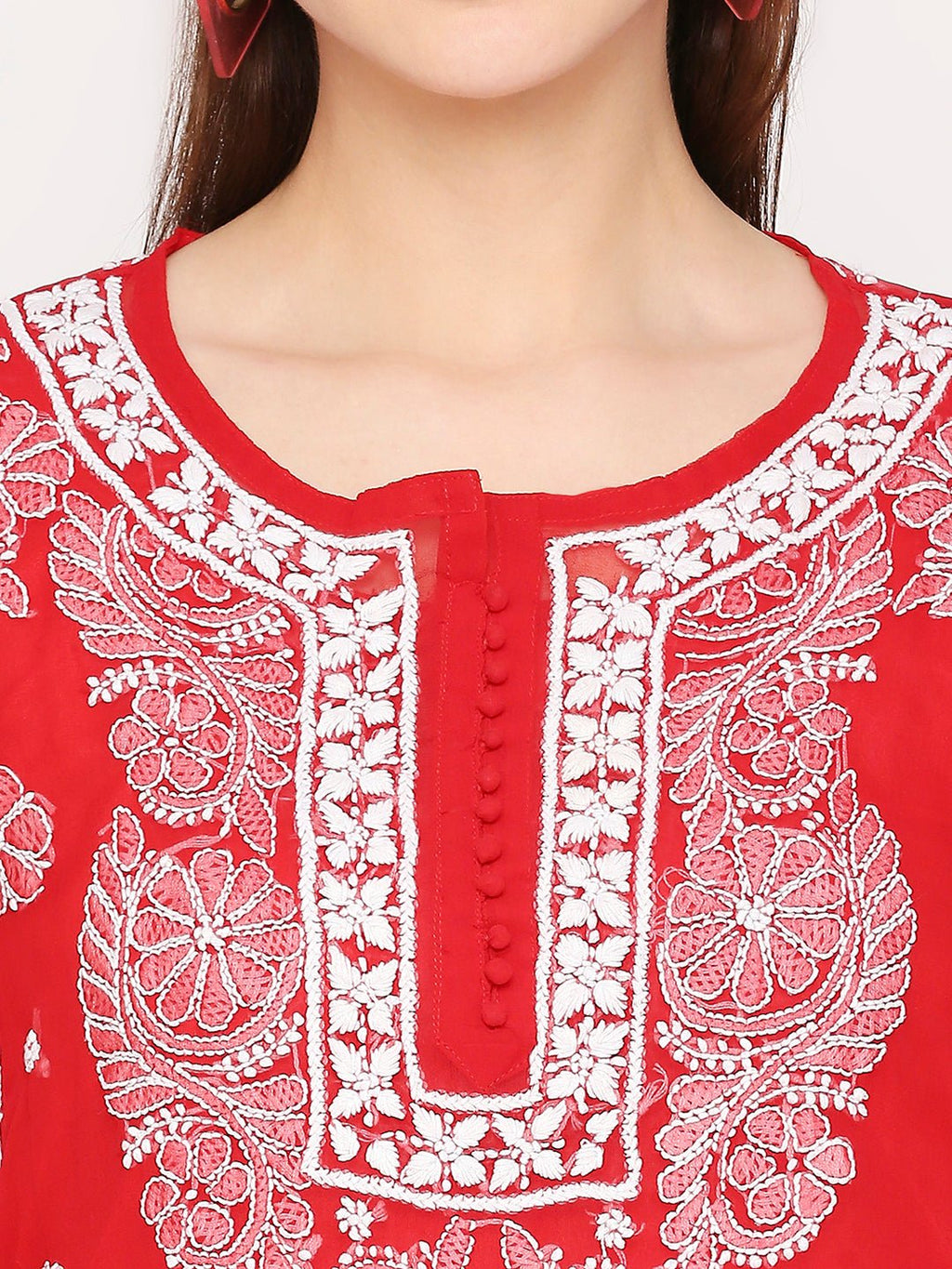 Lucknow Chikankari Hand Embroidered Long Kurta Set and matching slip RED