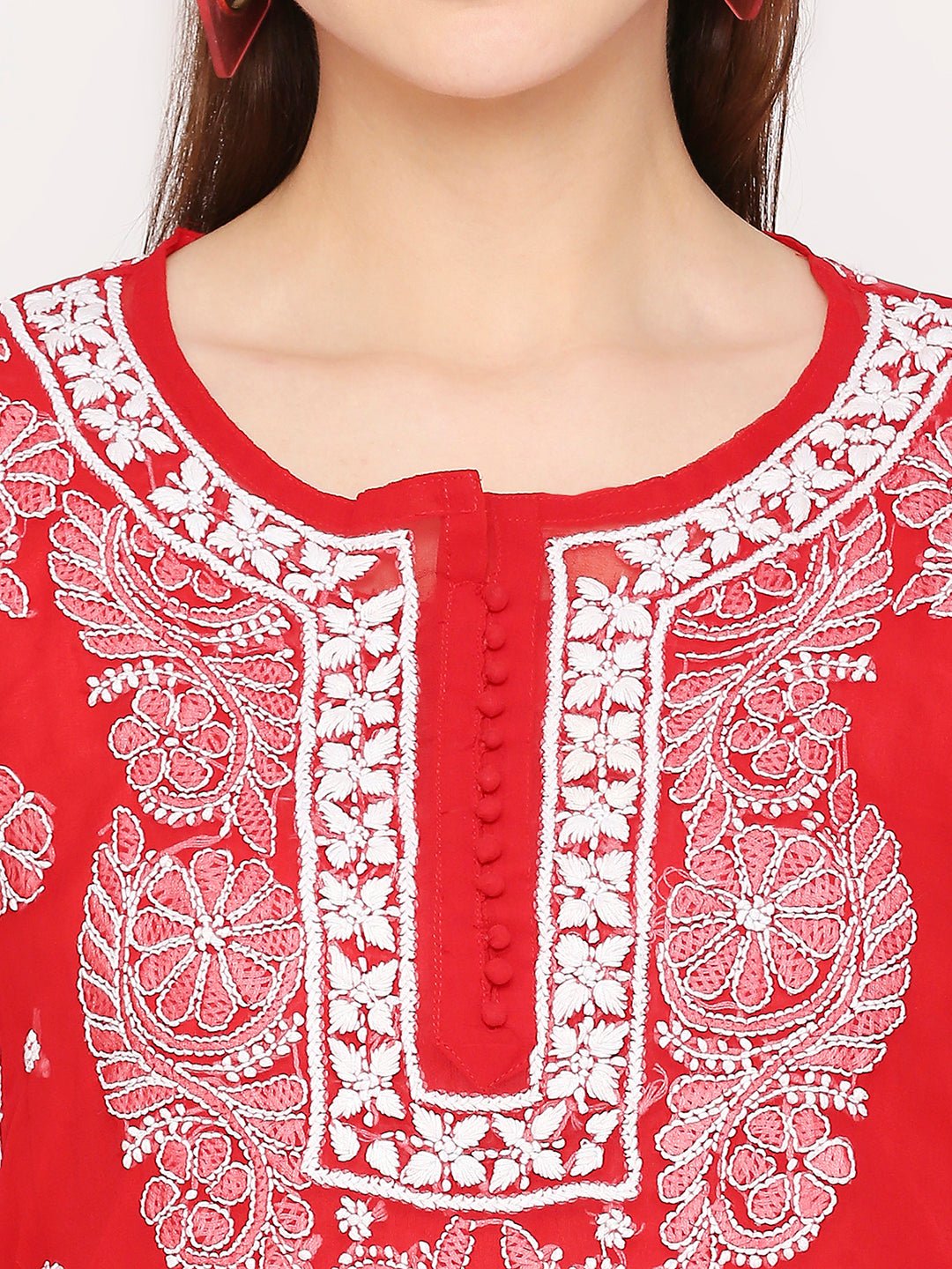 Lucknow Chikankari Hand Embroidered Long Kurta Set and matching slip RED