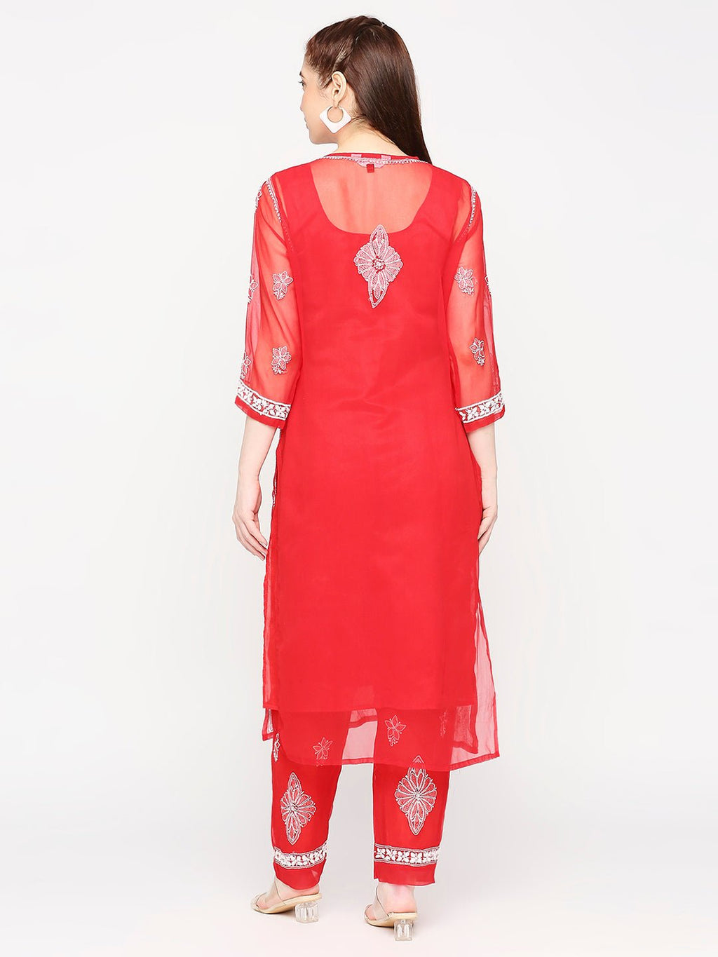 Lucknow Chikankari Hand Embroidered Long Kurta Set and matching slip RED