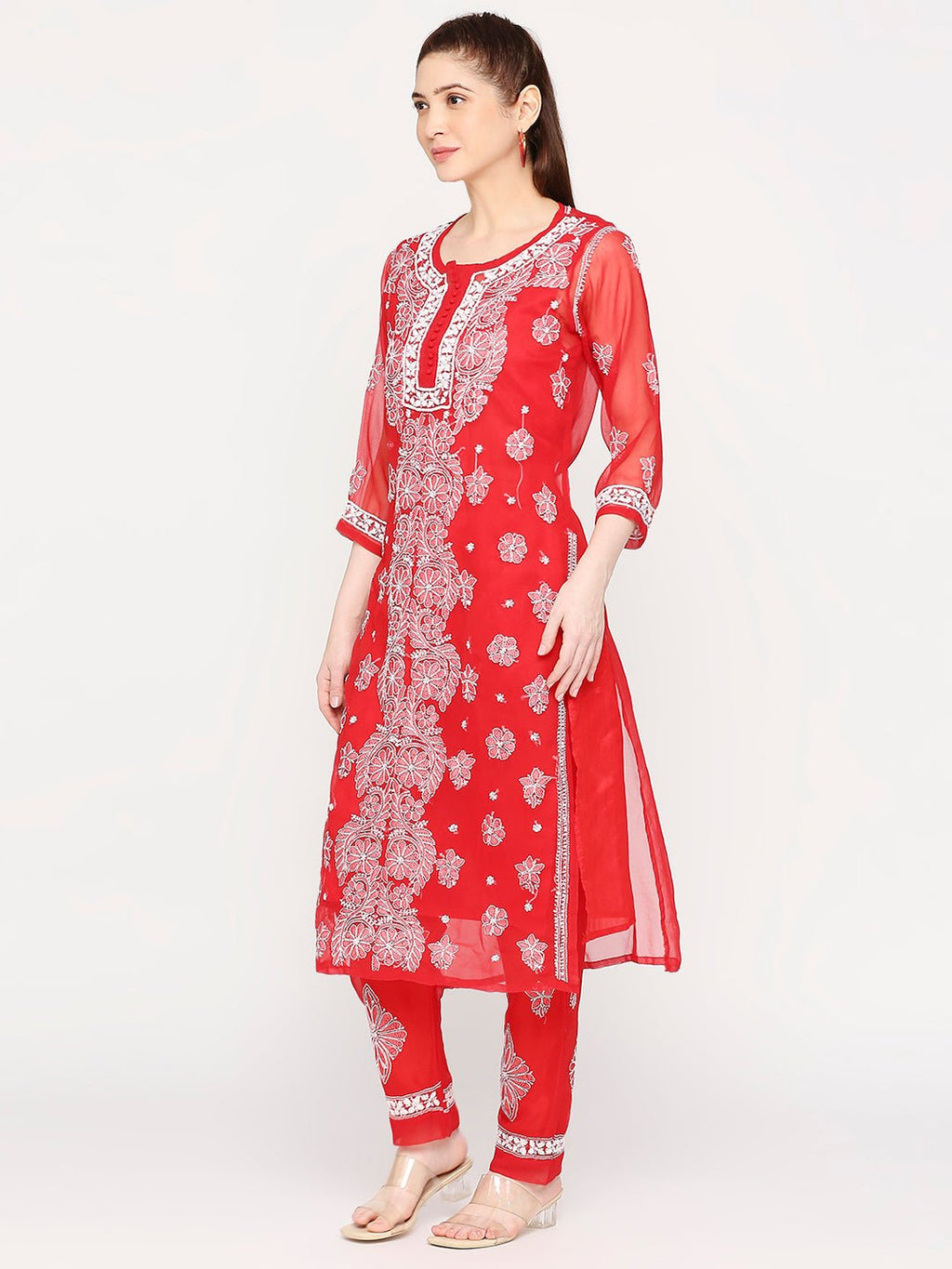 Lucknow Chikankari Hand Embroidered Long Kurta Set and matching slip RED