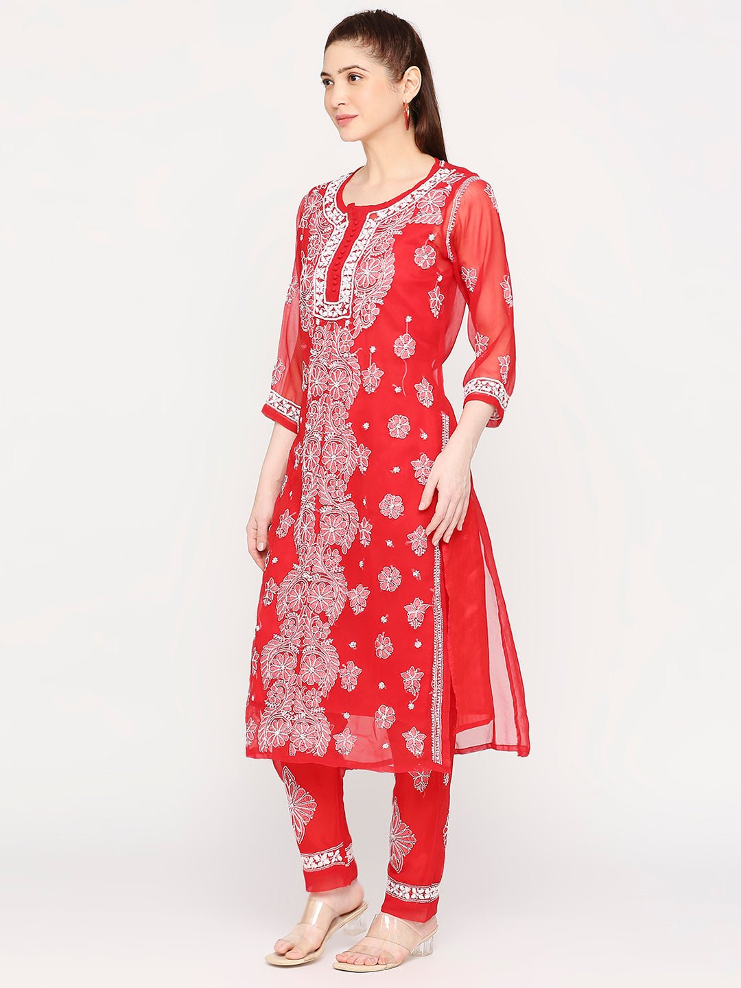 Lucknow Chikankari Hand Embroidered Long Kurta Set and matching slip RED