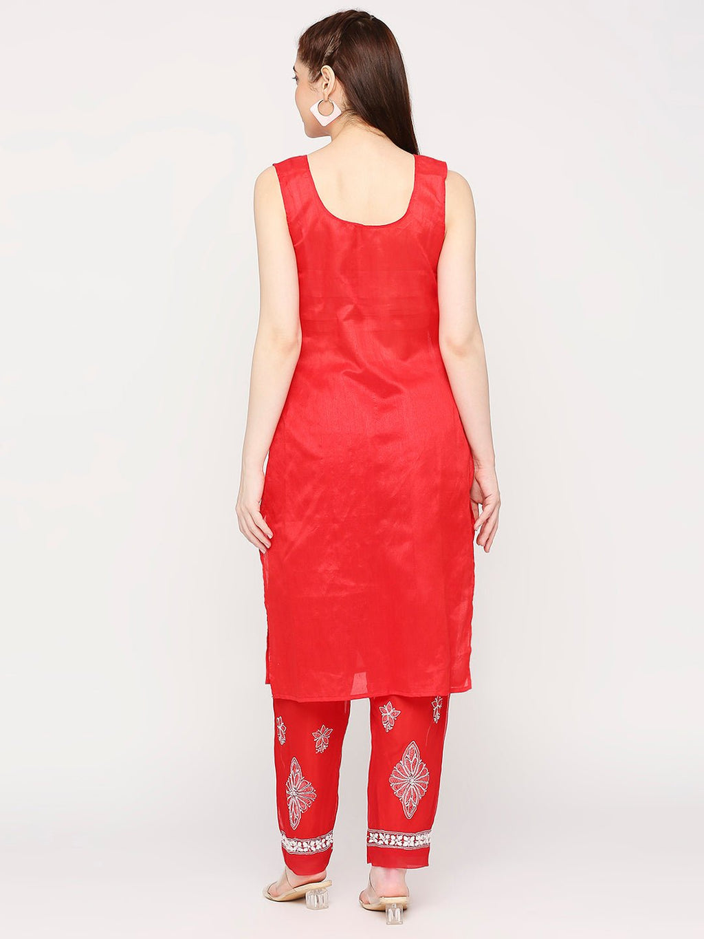 Lucknow Chikankari Hand Embroidered Long Kurta Set and matching slip RED