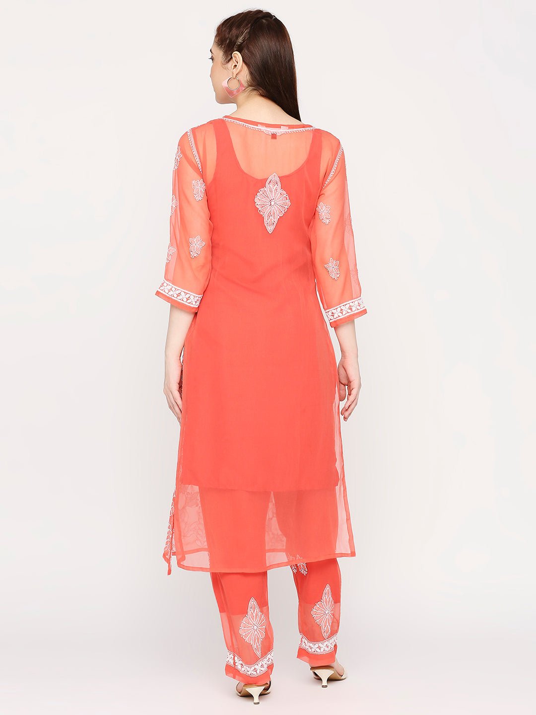 Lucknow Chikankari Hand Embroidered Long Kurta Set and matching slip Ruby Red