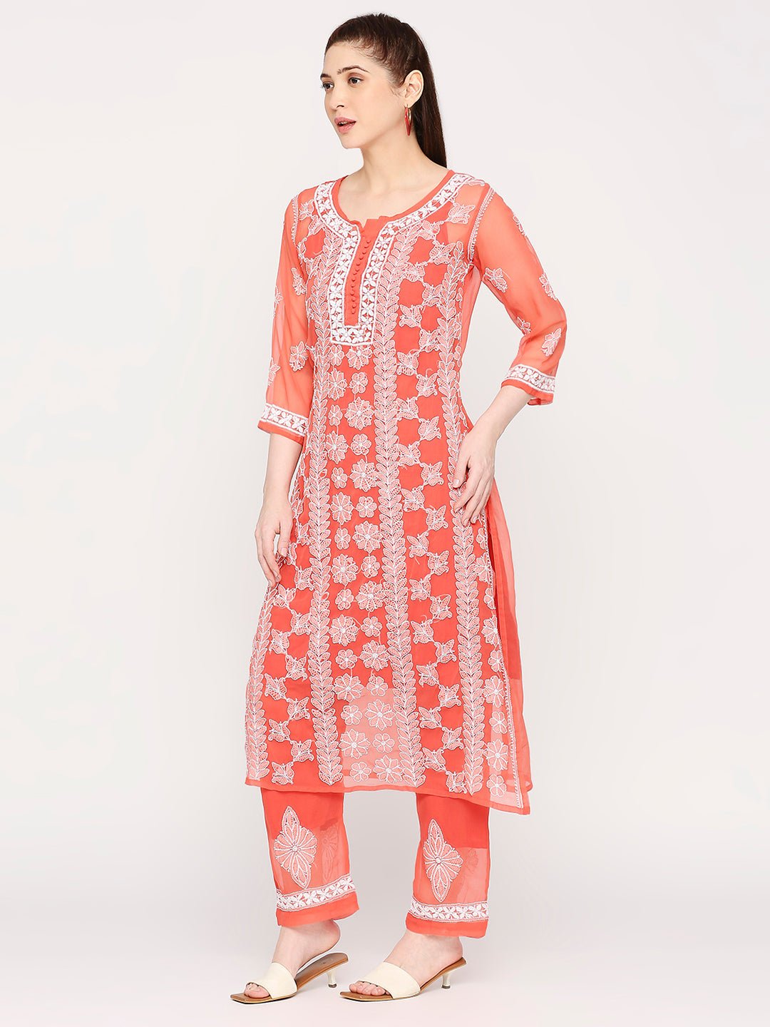 Lucknow Chikankari Hand Embroidered Long Kurta Set and matching slip Ruby Red