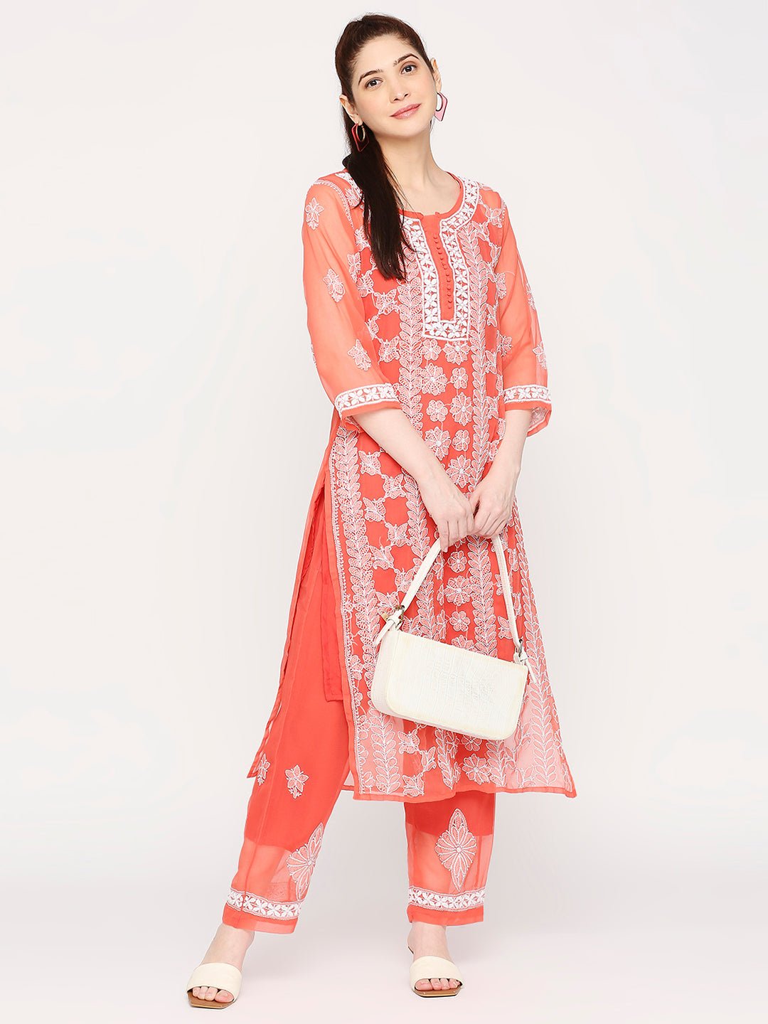 Lucknow Chikankari Hand Embroidered Long Kurta Set and matching slip Ruby Red