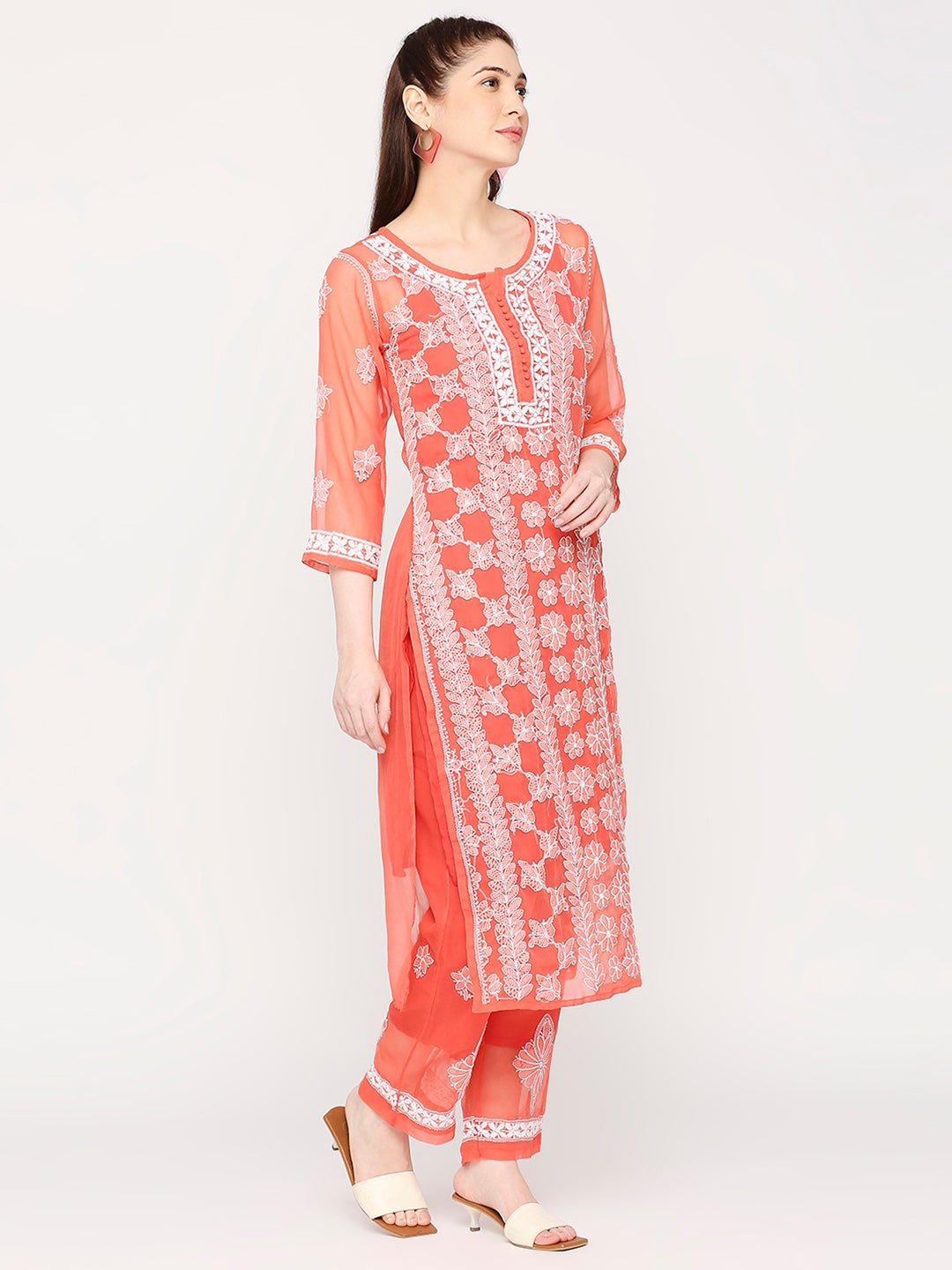 Lucknow Chikankari Hand Embroidered Long Kurta Set and matching slip Ruby Red