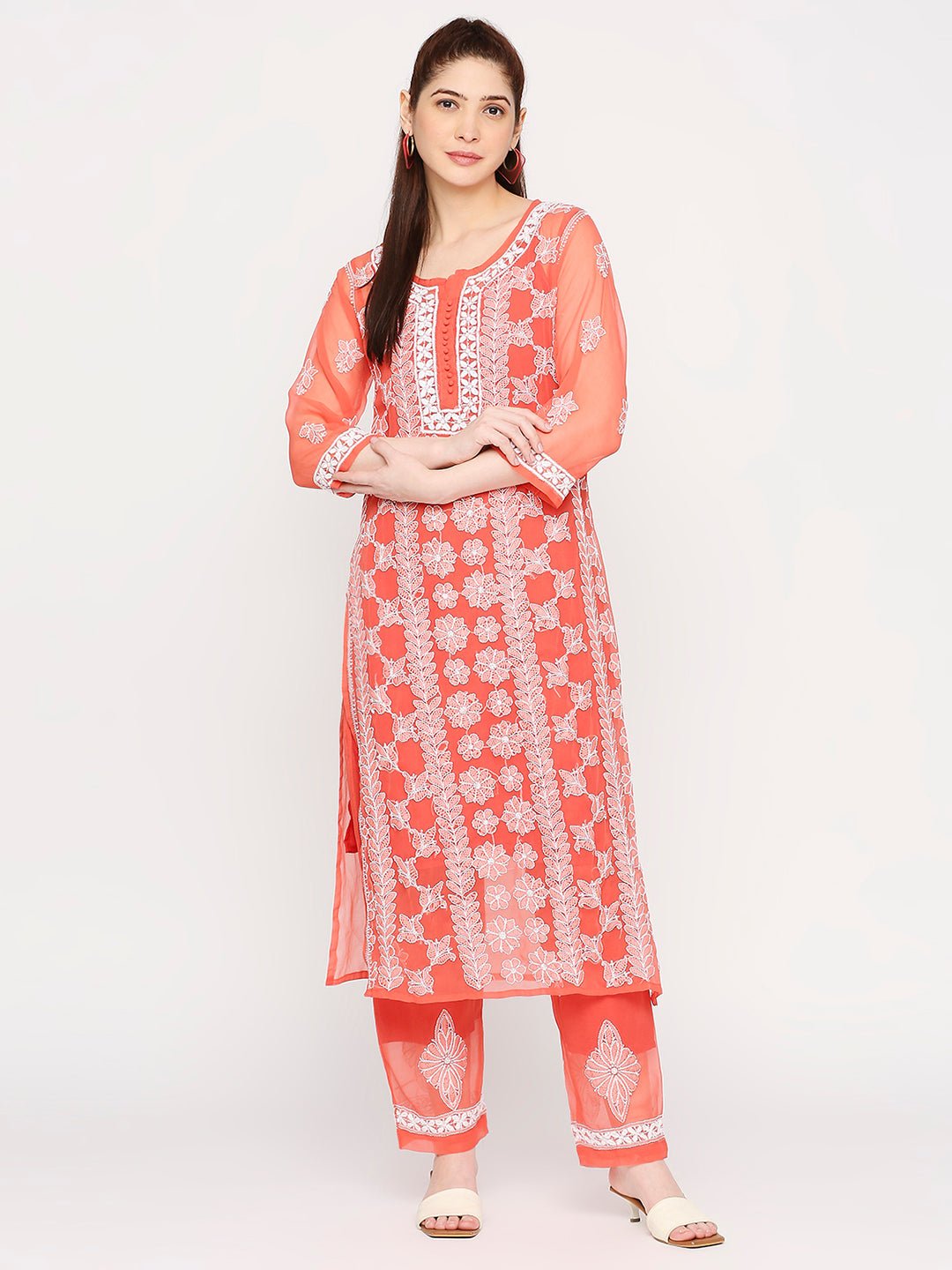 Lucknow Chikankari Hand Embroidered Long Kurta Set and matching slip Ruby Red