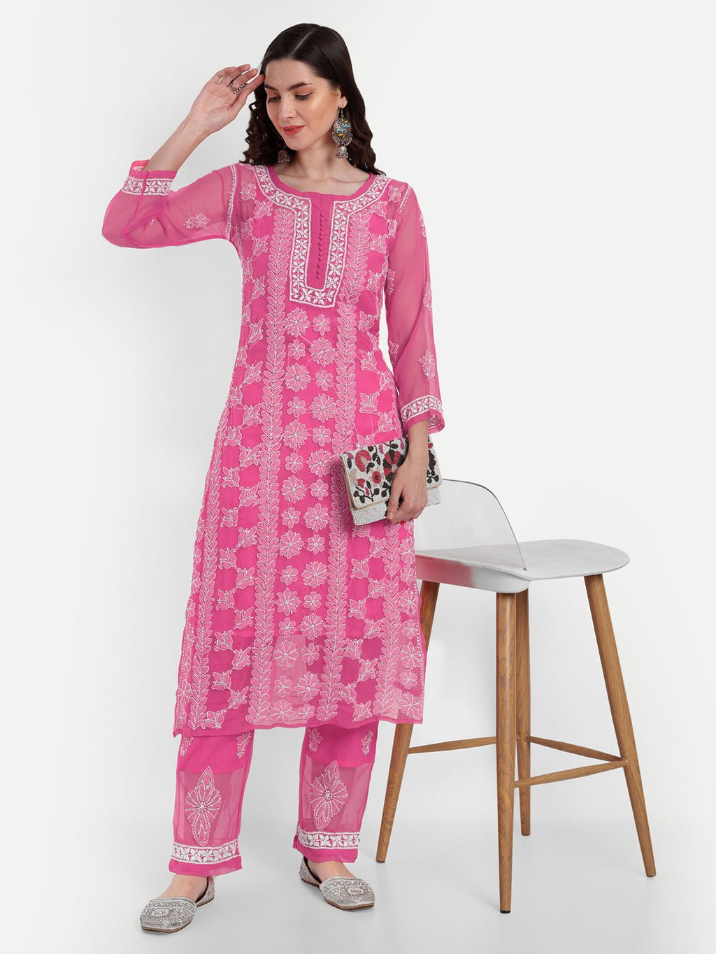 Lucknow Chikankari Hand Embroidered Long Kurta Set with Palazzo set with matching inner slip