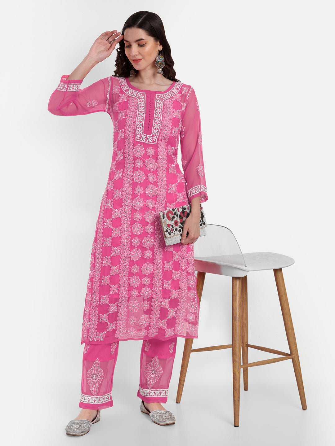 Lucknow Chikankari Hand Embroidered Long Kurta Set with Palazzo set with matching inner slip