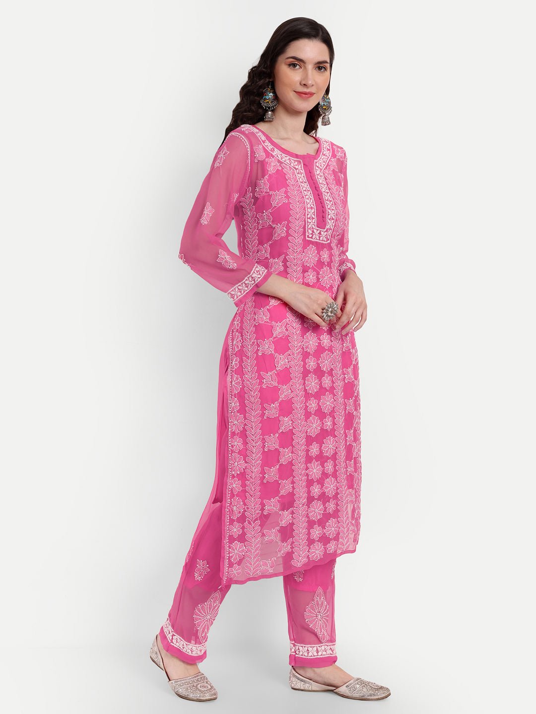 Lucknow Chikankari Hand Embroidered Long Kurta Set with Palazzo set with matching inner slip