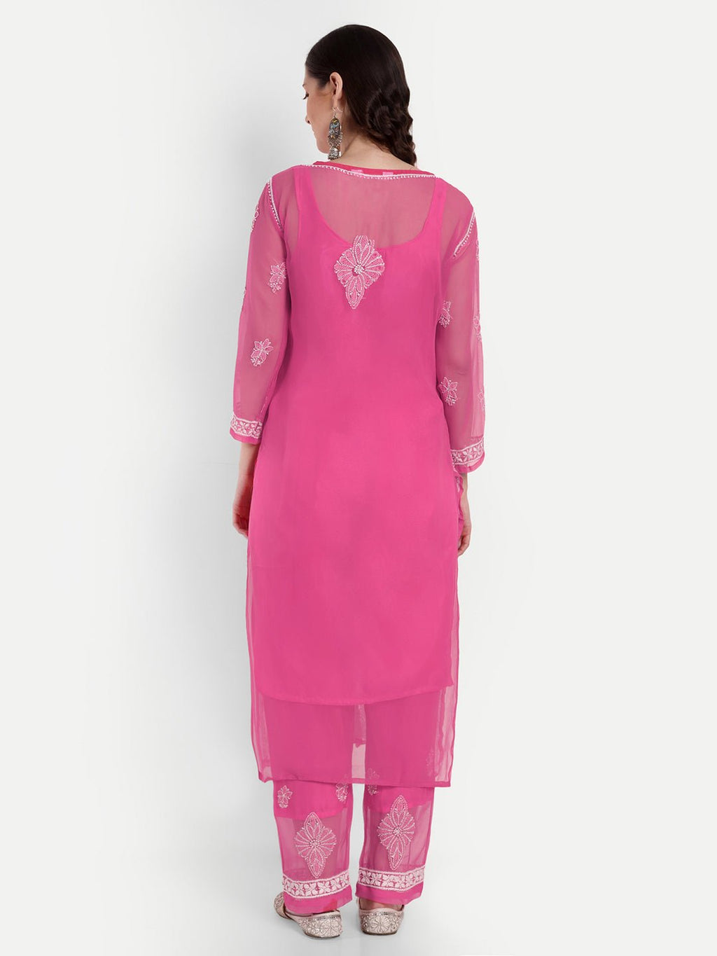 Lucknow Chikankari Hand Embroidered Long Kurta Set with Palazzo set with matching inner slip