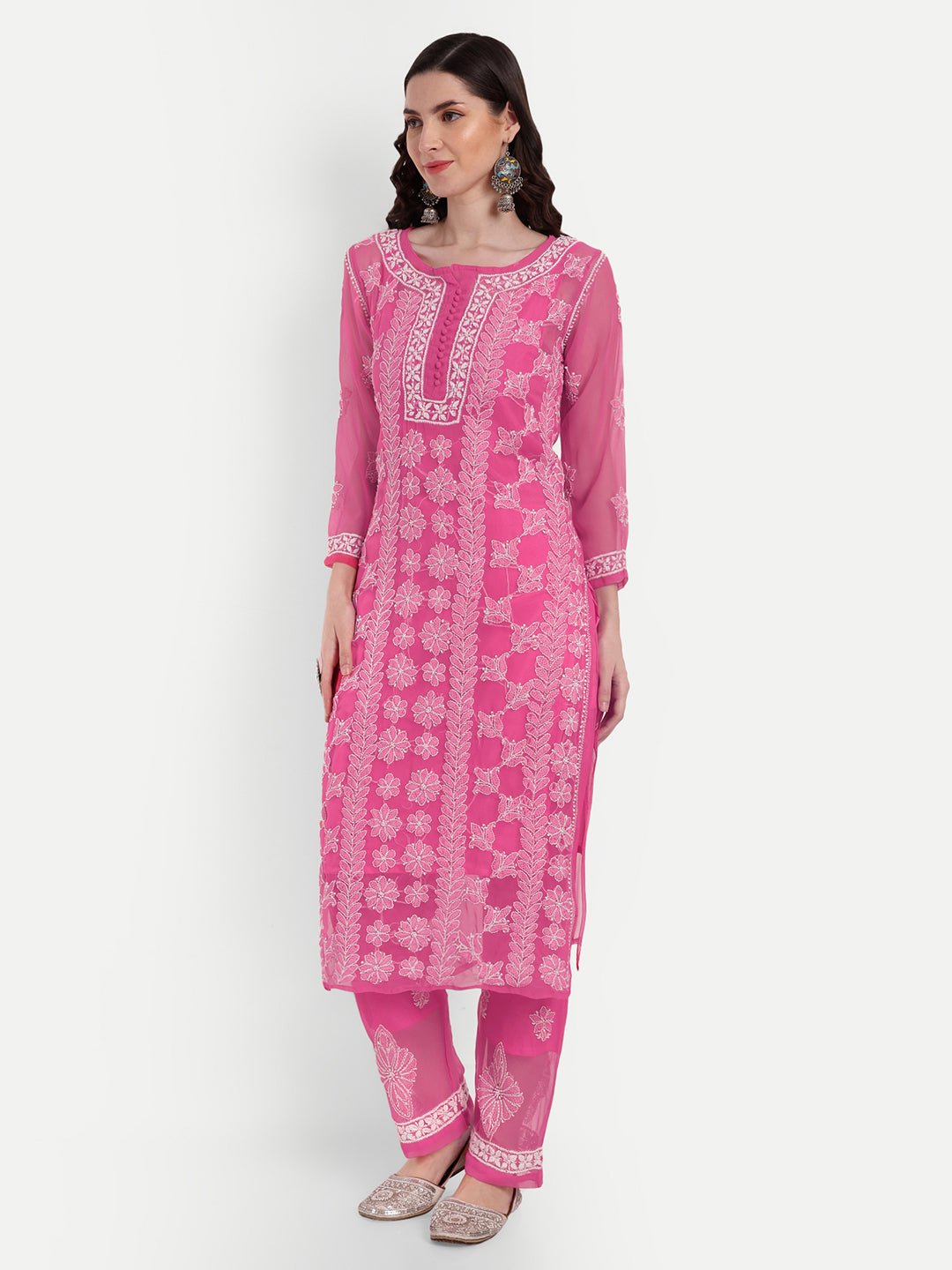 Lucknow Chikankari Hand Embroidered Long Kurta Set with Palazzo set with matching inner slip