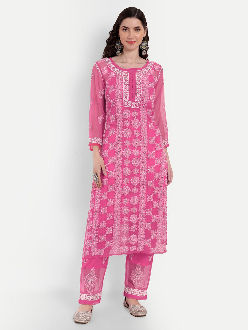 Lucknow Chikankari Hand Embroidered Long Kurta Set with Palazzo set with matching inner slip