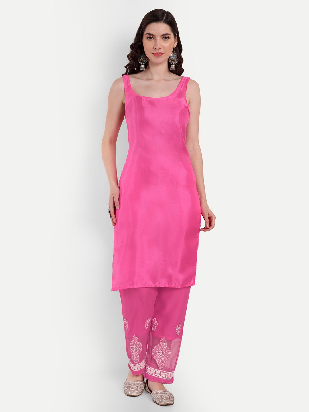 Lucknow Chikankari Hand Embroidered Long Kurta Set with Palazzo set with matching inner slip