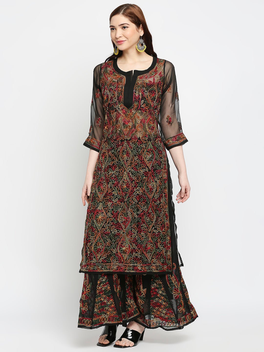 Lucknow Chikankari Hand Embroidered Long Kurta  with Sharara Set